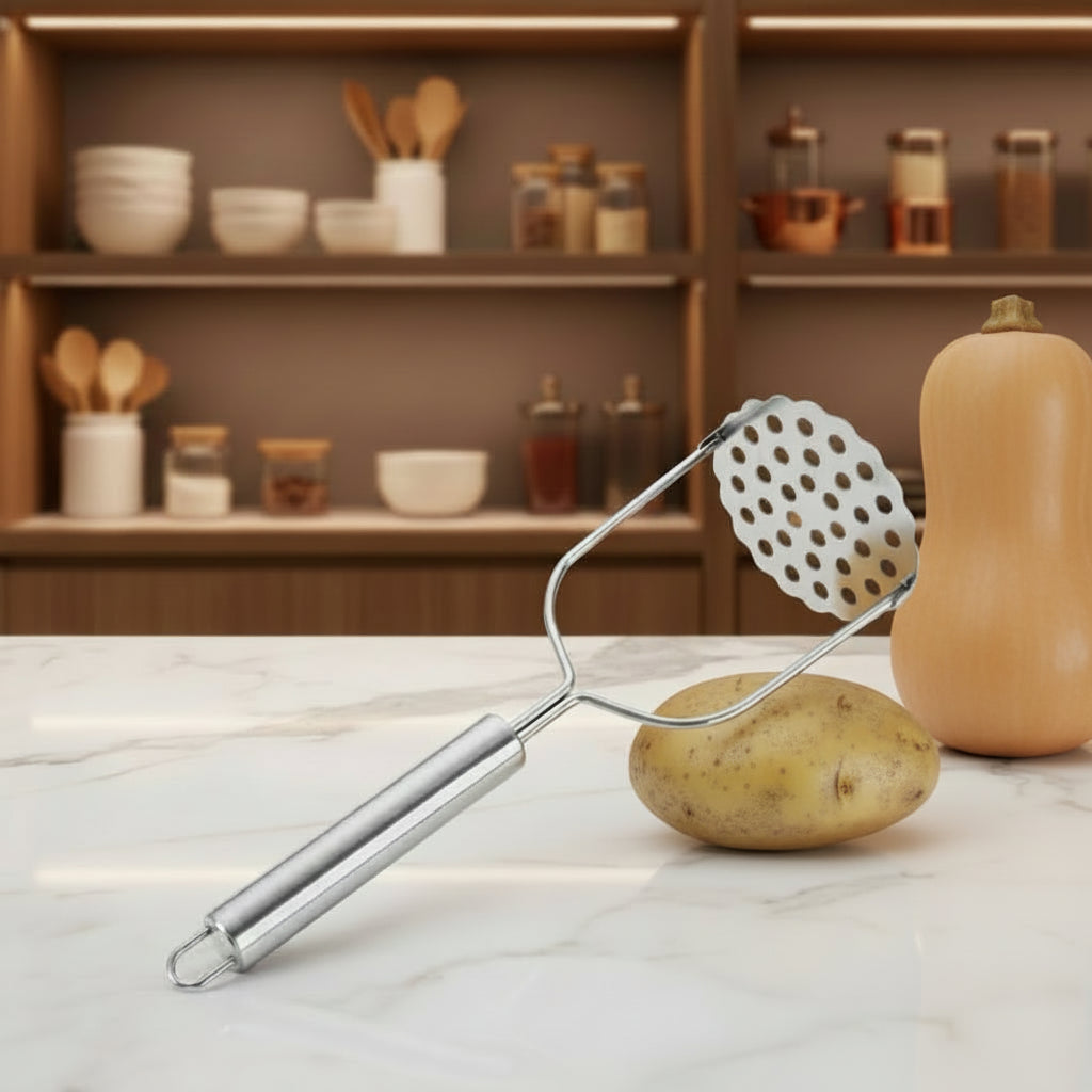 Écraseur à pommes de terre en acier inoxydable, idéal pour purées lisses. Presse fruits et légumes manuel, robuste et facile à nettoyer.