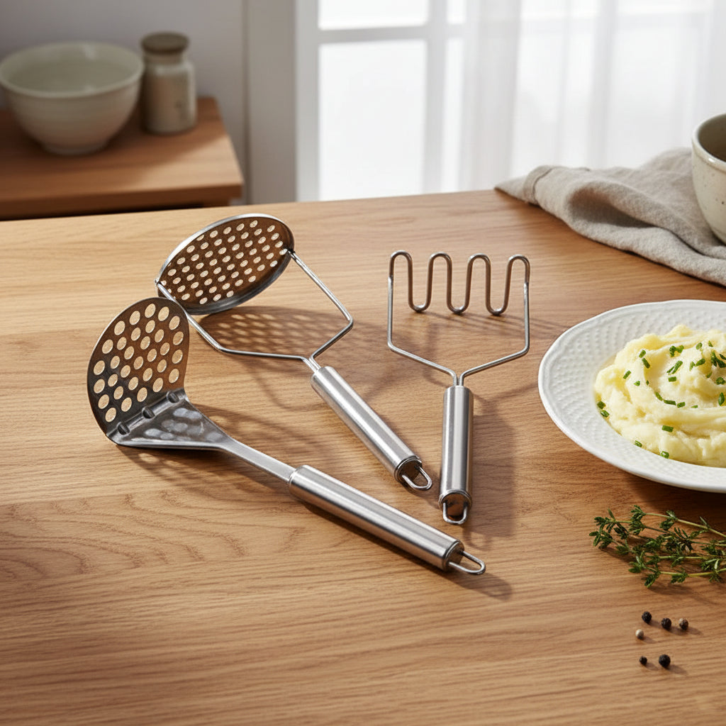 Écraseur à pommes de terre en acier inoxydable, idéal pour purées lisses. Presse fruits et légumes manuel, robuste et facile à nettoyer.