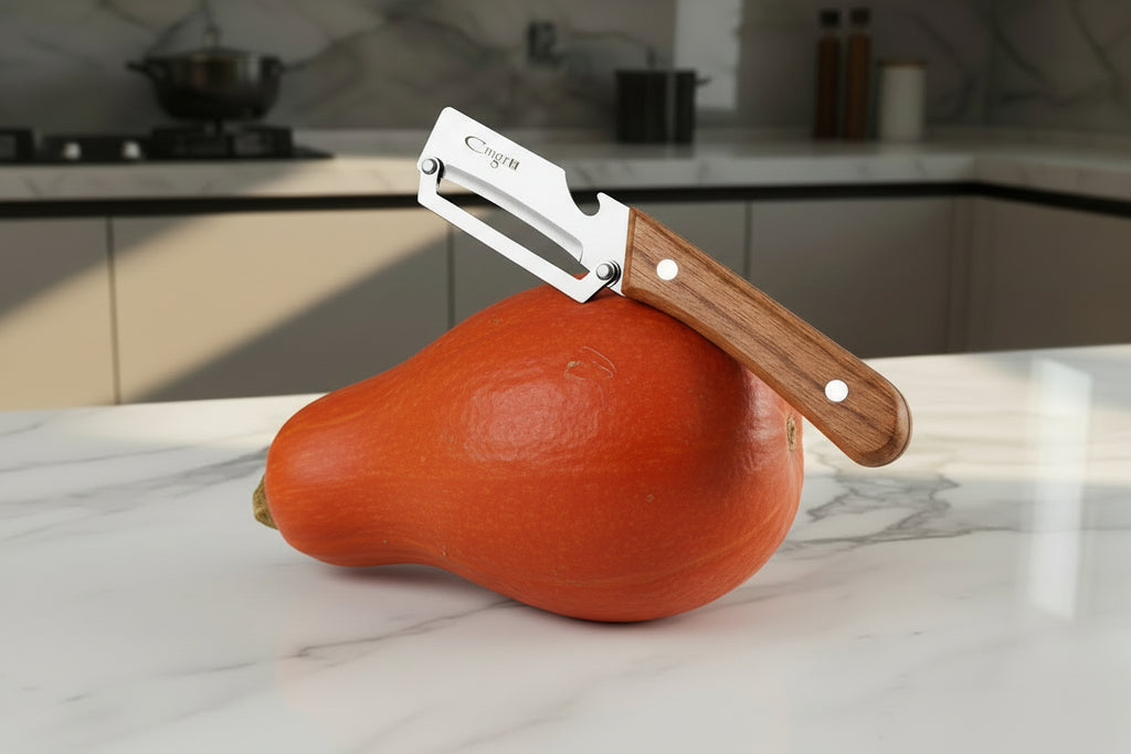 Éplucheur Fruits et Légumes en Acier Inoxydable – Manche en Bois Ergonomique, Outil de Cuisine Multifonction