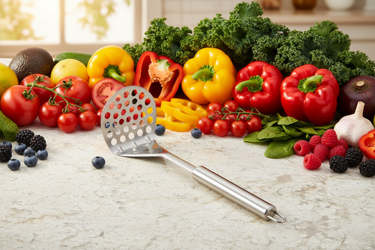 Écraseur à pommes de terre en acier inoxydable, idéal pour purées lisses. Presse fruits et légumes manuel, robuste et facile à nettoyer.