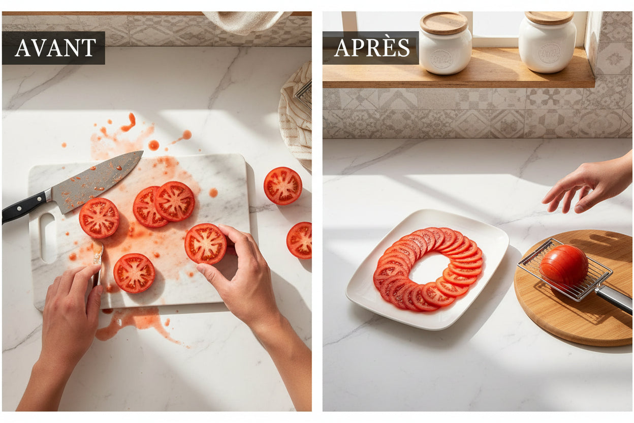 Trancheuse de Tomates en Acier Inoxydable – Coupe Légumes Manuel Rapide pour Fruits, Salades et Sandwichs