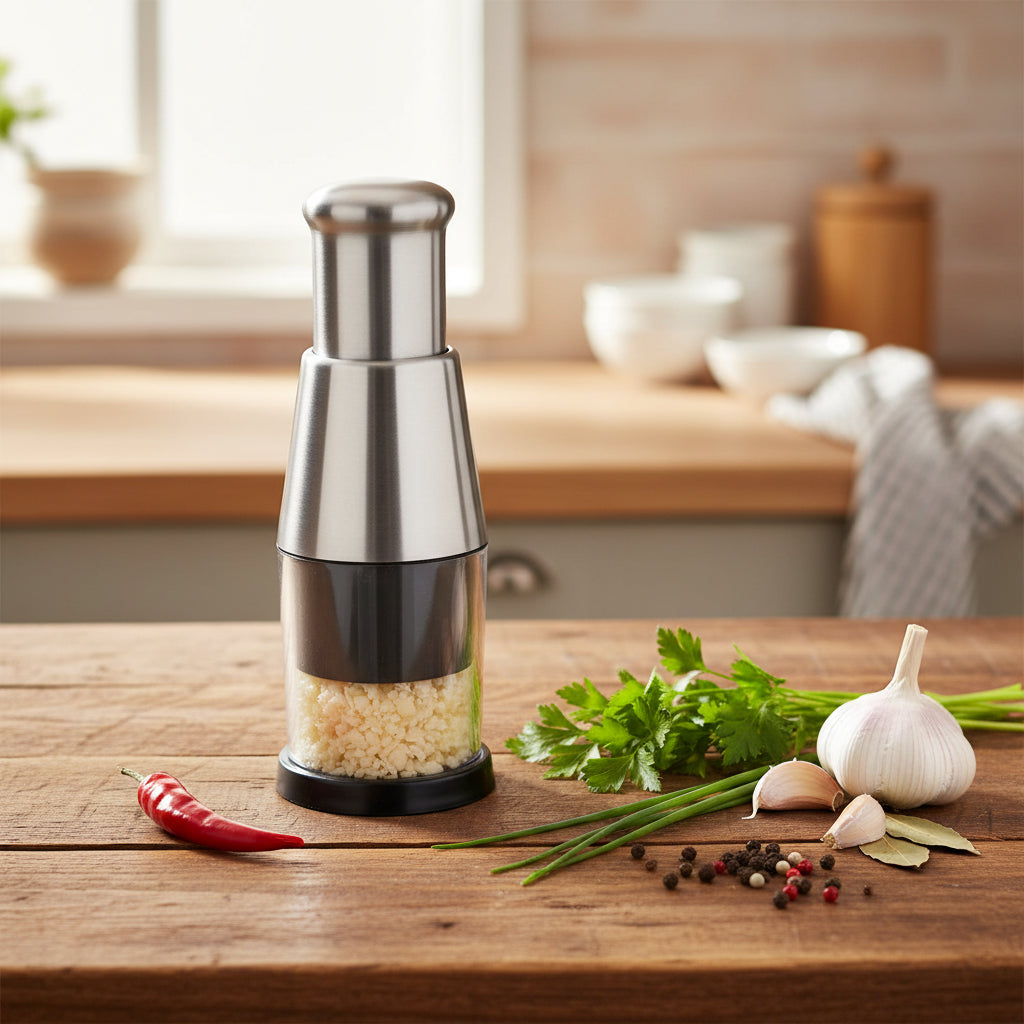 Mini presse ail échalotte oignon  en acier inoxydable. Compact, robuste et facile à nettoyer