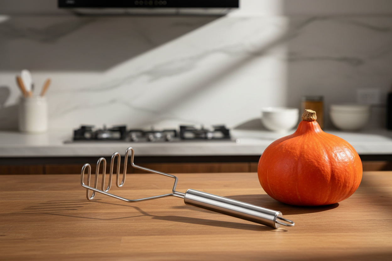 Écraseur à pommes de terre en acier inoxydable, idéal pour purées lisses. Presse fruits et légumes manuel, robuste et facile à nettoyer.