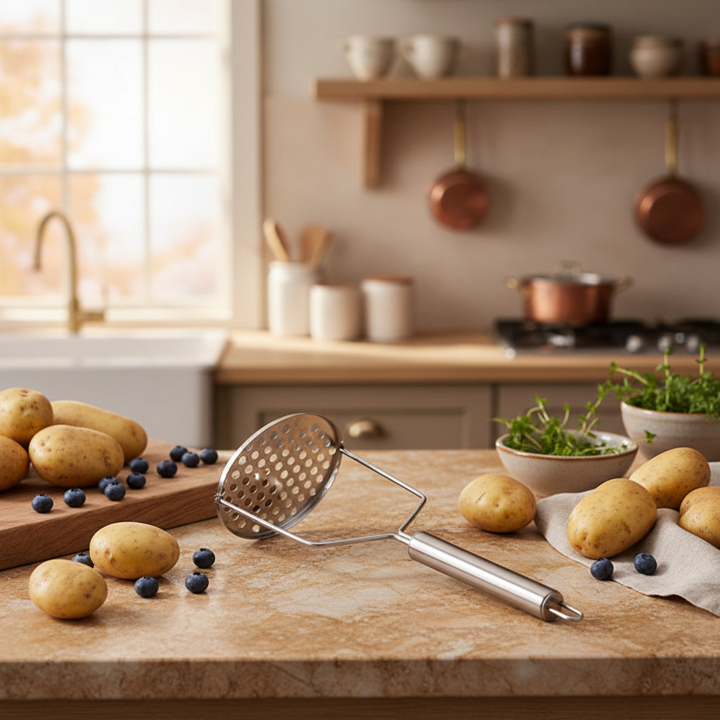 Écraseur à pommes de terre en acier inoxydable, idéal pour purées lisses. Presse fruits et légumes manuel, robuste et facile à nettoyer.