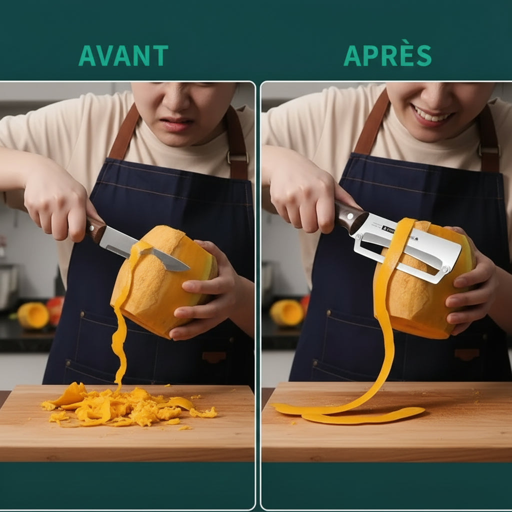 Éplucheur Fruits et Légumes en Acier Inoxydable – Manche en Bois Ergonomique, Outil de Cuisine Multifonction