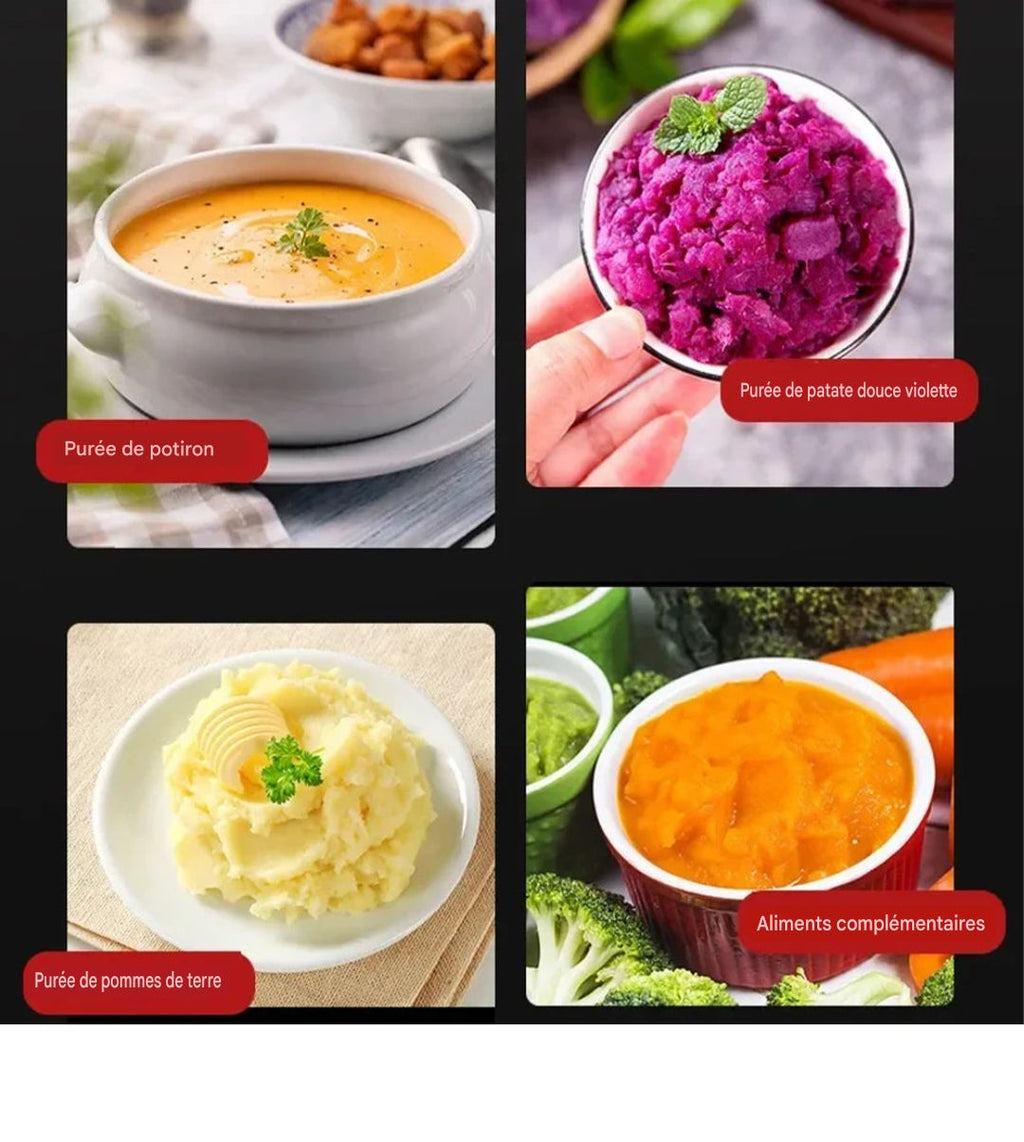 Écraseur à pommes de terre en acier inoxydable, idéal pour purées lisses. Presse fruits et légumes manuel, robuste et facile à nettoyer.